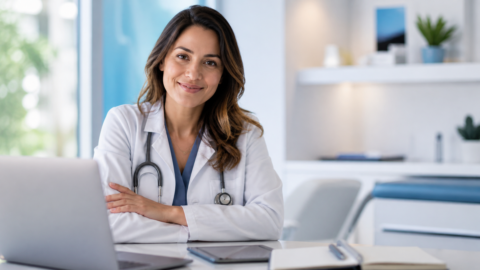 Médica usando notebook em consultório